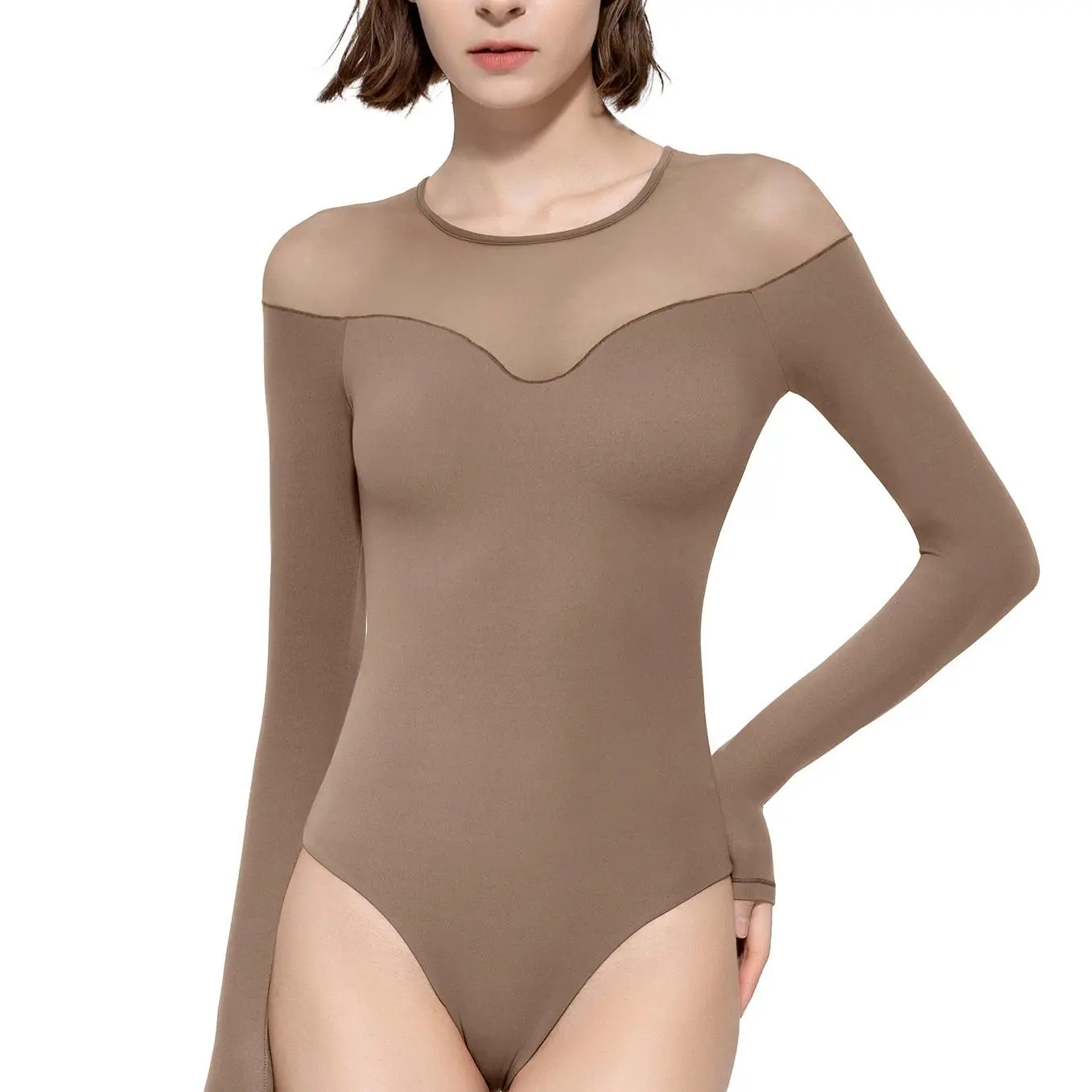 PUMIEY Women's Sexy Long Sleeve Bodysuit, Crew Neck Top with Sheer Mesh Panels in Soft Smooth Fabric, Thong Style for Date Night, Round Neck, Chic, Elegant, Breathable, Snap, Off Shoulder, Fitted, Lightweight, Lady, Daily, Evening