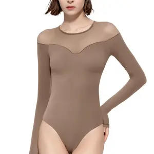 PUMIEY Sexy Mesh Bodysuit  Women Crew Neck Long Sleeve Body Suits Womenswear Tops Minimalist Lady Comfort Longsleeves Basic Bodysuit  Chanclas Summervibes summerwins