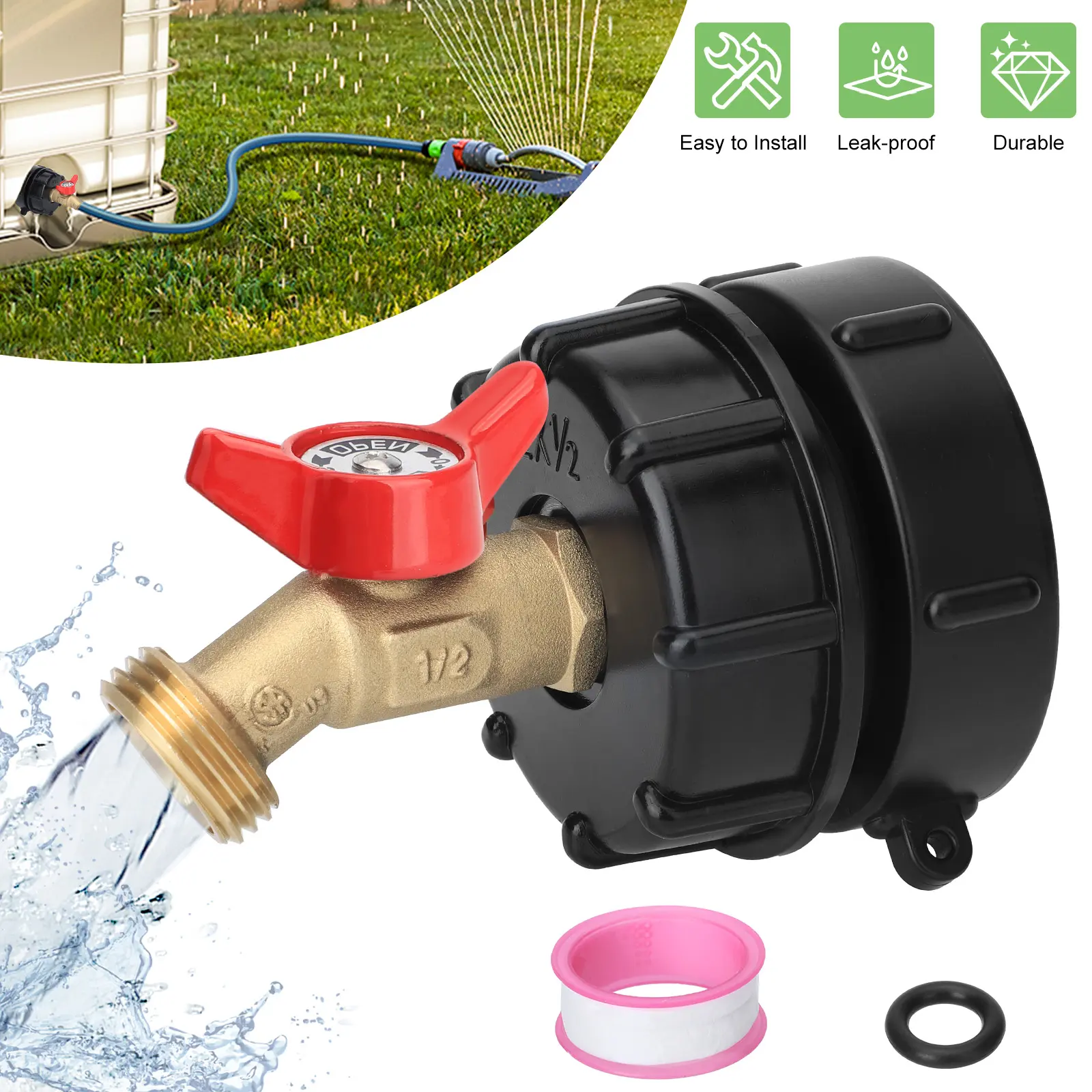 IBC Tote Tank Adapter for 275-330 Gal Water Tanks - 2.44" Fine Thread, 2.36" Coarse Thread, 1/2" Male NPT Inlet ×3/4" Male GHT, Brass Garden Water Connectors, Quick Connect for Automatic Watering System