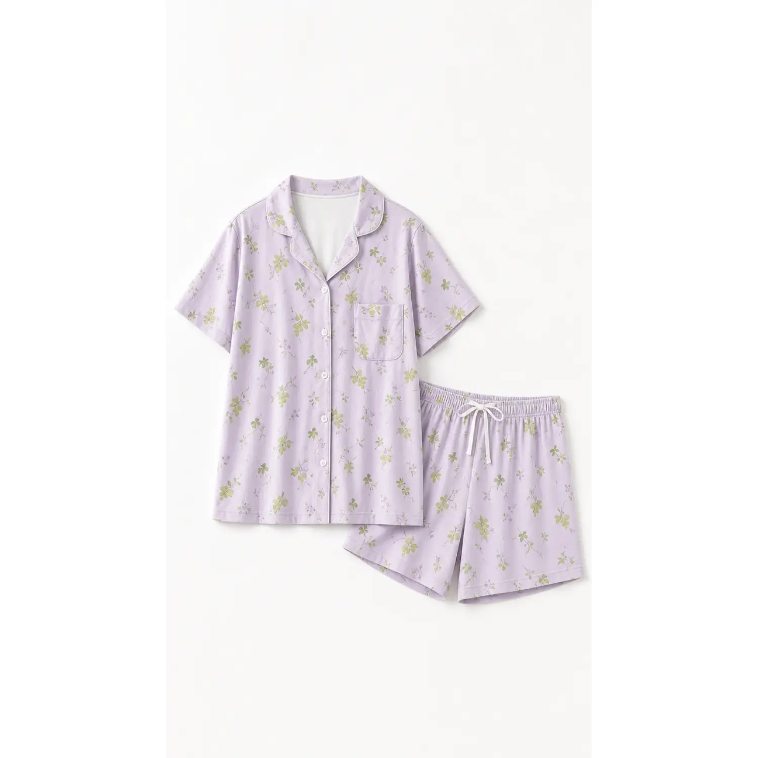 Lavender Floral Short Sleeve Pajama Set with Collared Button Front Top, Chest Pocket, and Drawstring Shorts for Comfortable Sleepwear Loungewear