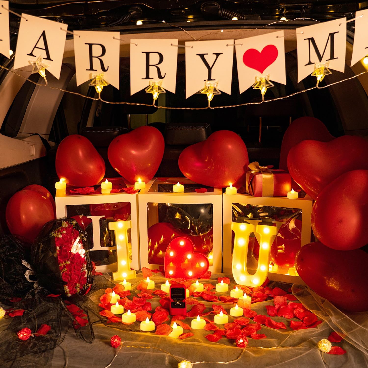 I Love U Light Up Letters Proposal Decorations with 24 Flameless Candles 1000 Red Rose Petals & 30 Red Balloons for Valentine's Day Wedding Romantic Night I Love U Light Up Letters Proposal Decorations with 24 Flameless Candles 1000 Red Rose Petals & 30 Red Balloons for Valentine's Day Wedding Romantic Night