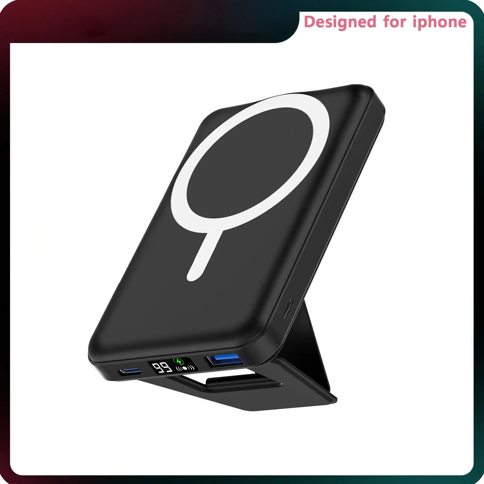 Podoru MagSafe Magnetic Portable Charger with Foldable Stand, 10000mAh Silicone Lithium Battery Pack, USB-C Cable Included, Compact Charging Device for iPhone 17/16/15/14/13/12 Series Smartphone Accessory, Mobile
