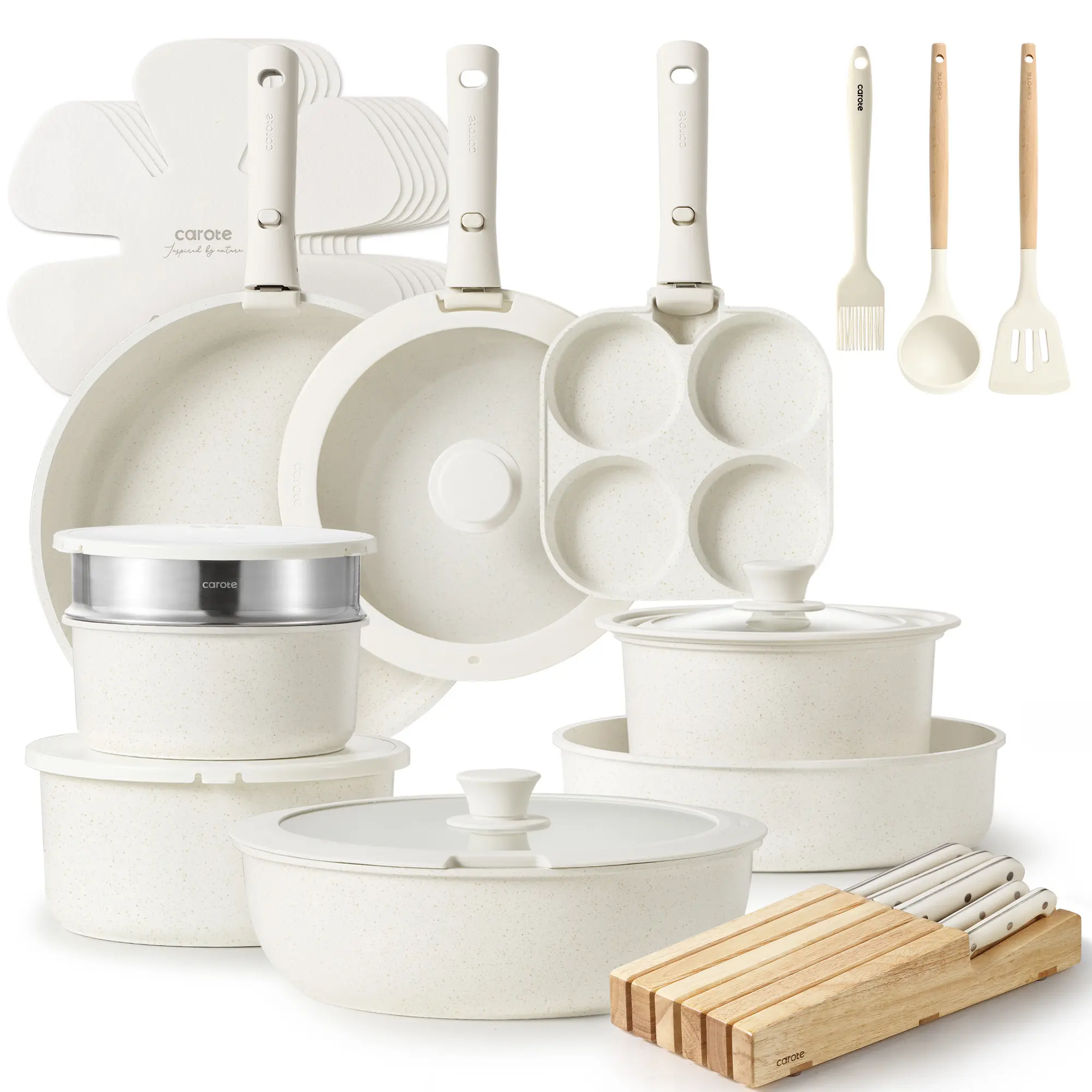 [Official] CAROTE 33 Pcs Nonstick Pots and Pans Set with Detachable Handles Cookware for All Stoves, Oven/Fridge Safe, Space Saving