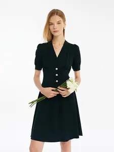 Tencel-Acetate Blend V-Neck Gathered Waist Women Mini Dress Casual Chic Casual Office Wear