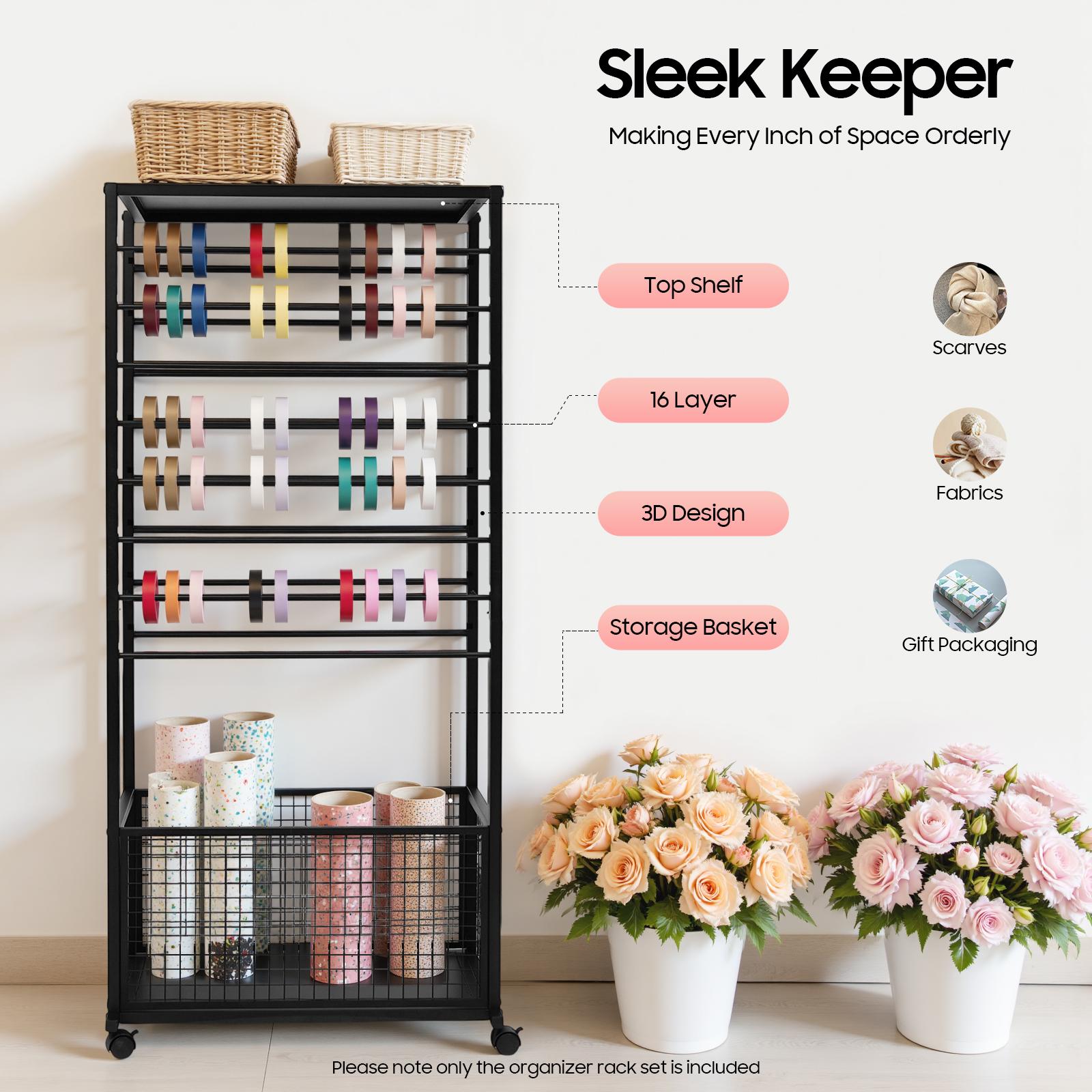 Industrial 16 Tier Double Sided Rolling Craft Rack with Locking Wheels for Ribbon Fabric Scarf Storage Display Organizer Heavy Duty Metal Shelving Unit Black White Freestanding