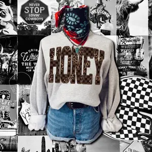 Retro Honey Checkered Leopard Sweatshirt, Honey Country Distressed Cowboy Quote, Western Concert Sweater, Southern Sweatshirt