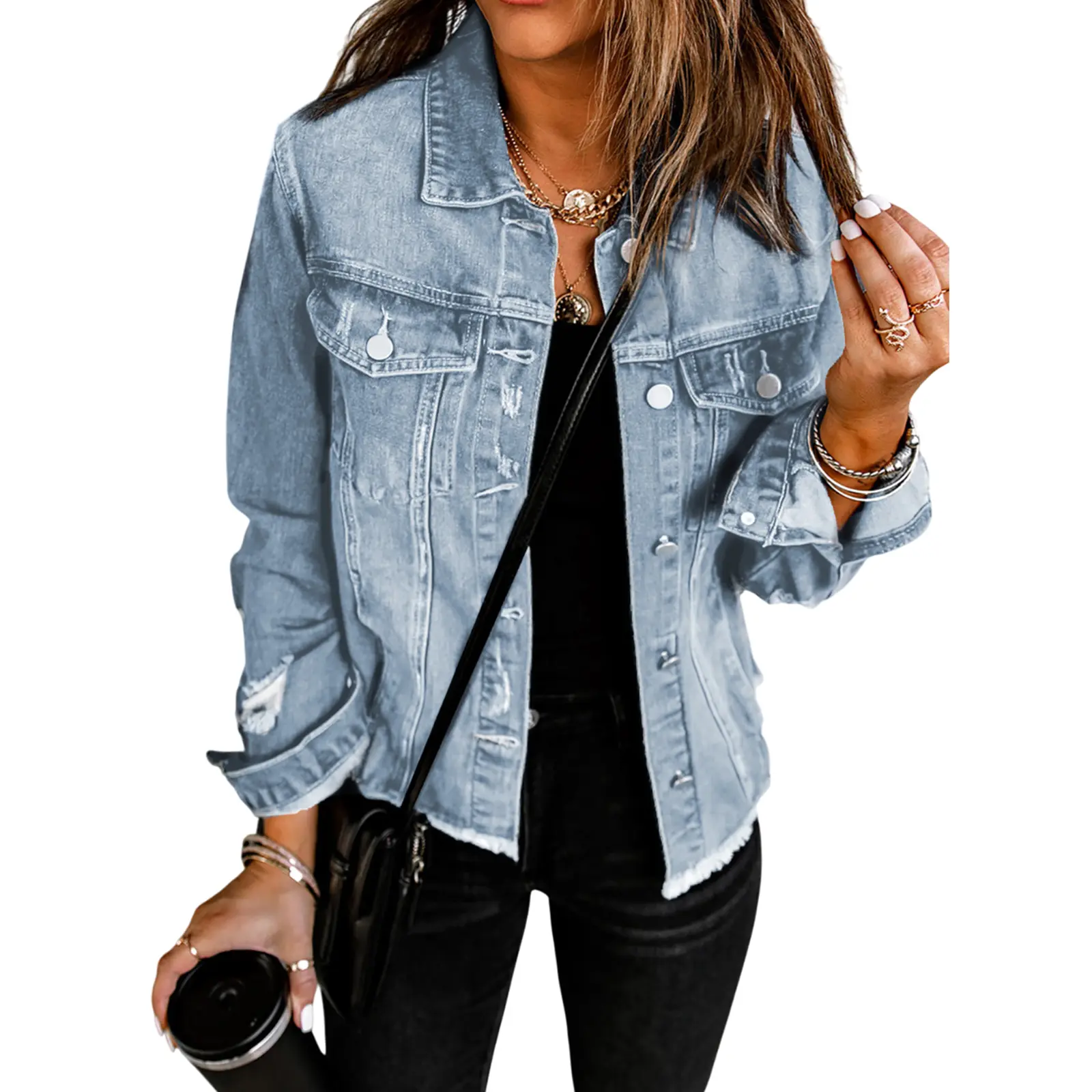 EVALESS Women's Casual Short Jean Jackets Non Stretch Distressed Ripped Boyfriend Washed Coats Lapel Long Sleeve Denim Jacket Outwear Tops 2026 Womenswear Spring Winter Outfits Deals For You Days summer outfits,back to school,back to school shopping Fitt