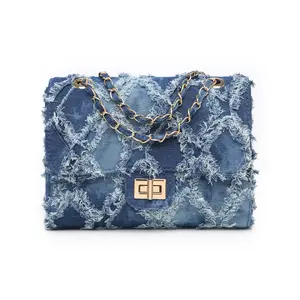 MKP Quilted Crossbody Distressed Denim Shoulder Bag with Chain Strap for Women, Casual or Evening Summer  affordable  Purse with Twist Lock Closure