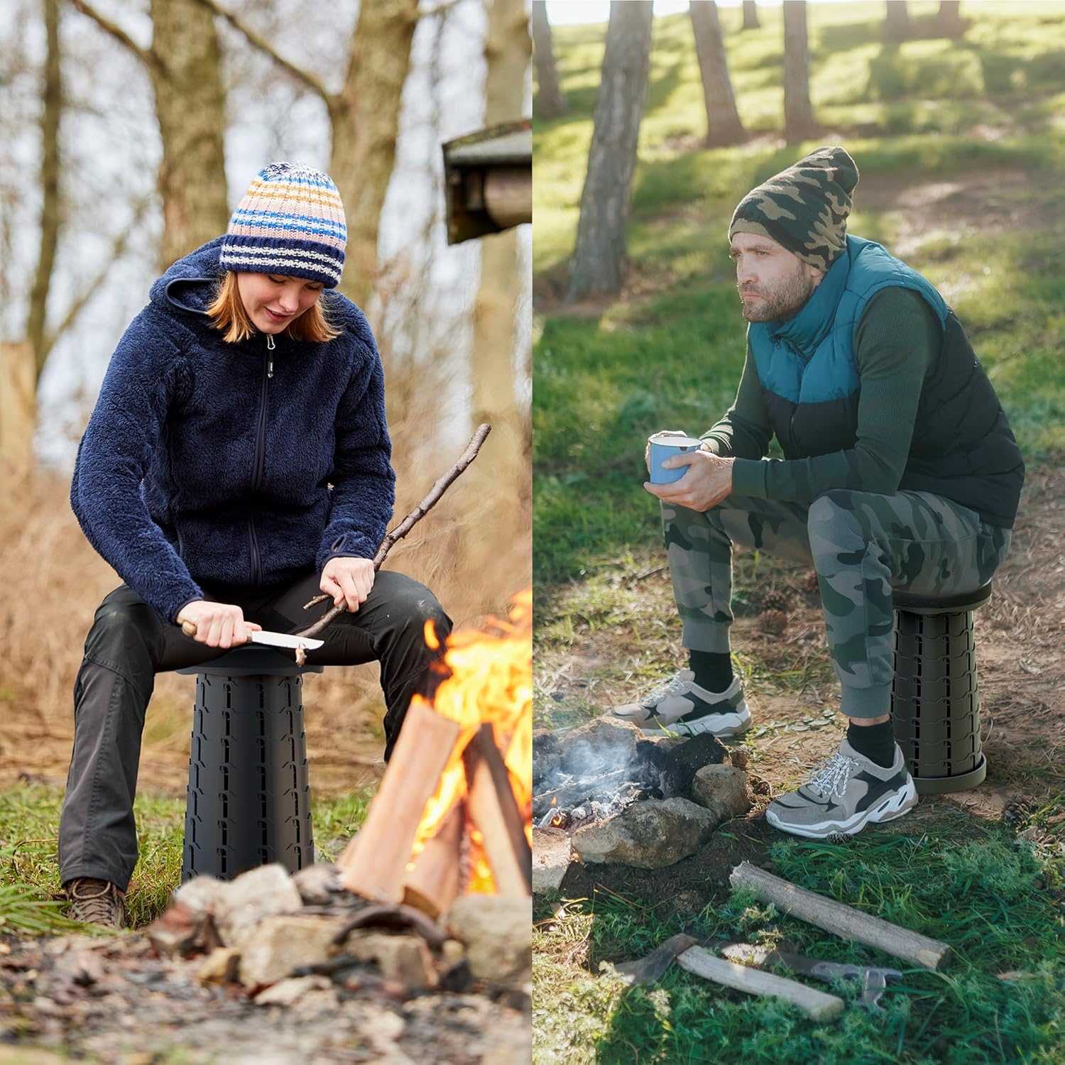 Retractable Folding Stool Upgraded,Portable Lightweight Collapsible Stool Telescoping Chair Seat  Campchair Adjustable Height with Load 400 lbs for Adult Camping Travel Fishing Outdoor Durable Sturdy & Further Reinforced