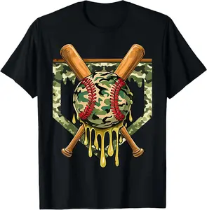 Baseball Drip for Boys Ice Cream Dripping Boys Baseball Camo T-Shirt Cotton Fabric