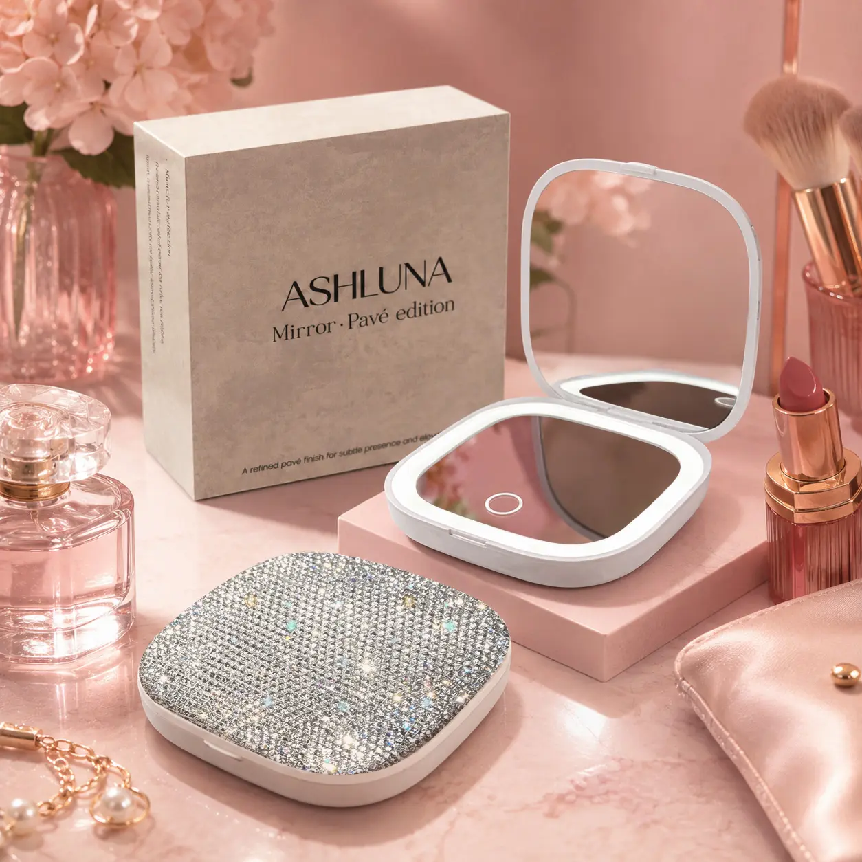 ASHLUNA Rhinestone Compact Mirror,Handmade Rhinestone Lighted Travel Mirror Slim 3x Magnification for Everyday Touch-Ups,Portable Makeup Mirror,Built-In Soft Lighting High-Definition,Rechargeable LED Makeup Mirror,Gym Bag Essentials,Mother’s Day Gift Idea