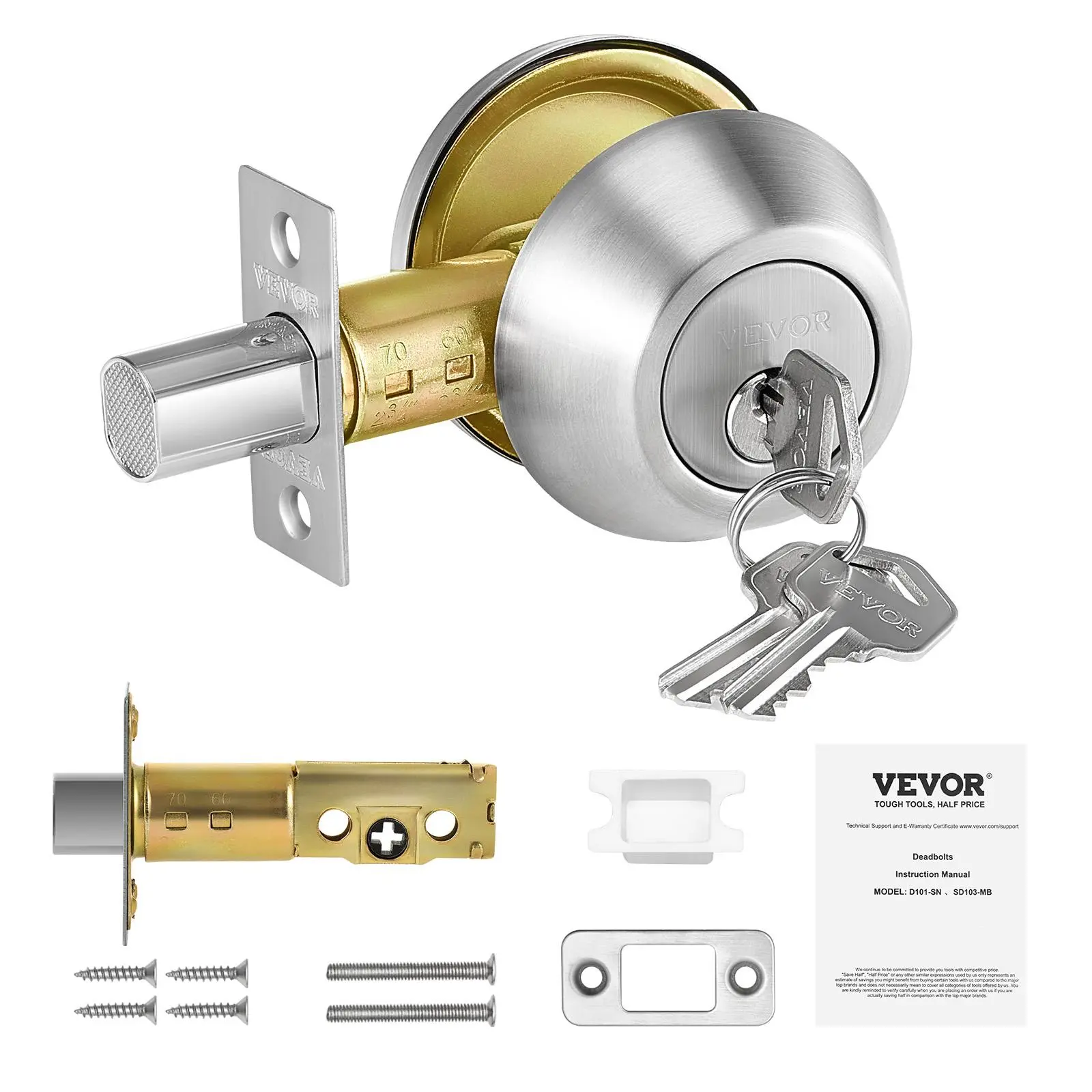 【Summerfinds】VEVOR Deadbolt Lock Round Single Cylinder Dead BoltKeyed 1 SideFits Standard Size Interior and Exterior DoorsFull Metalwith 3 Keysfor Front Entry Door Residential SecuritySatin NickelAdjustable Latch LengthDetaile, Adjustable Latch Length,, D