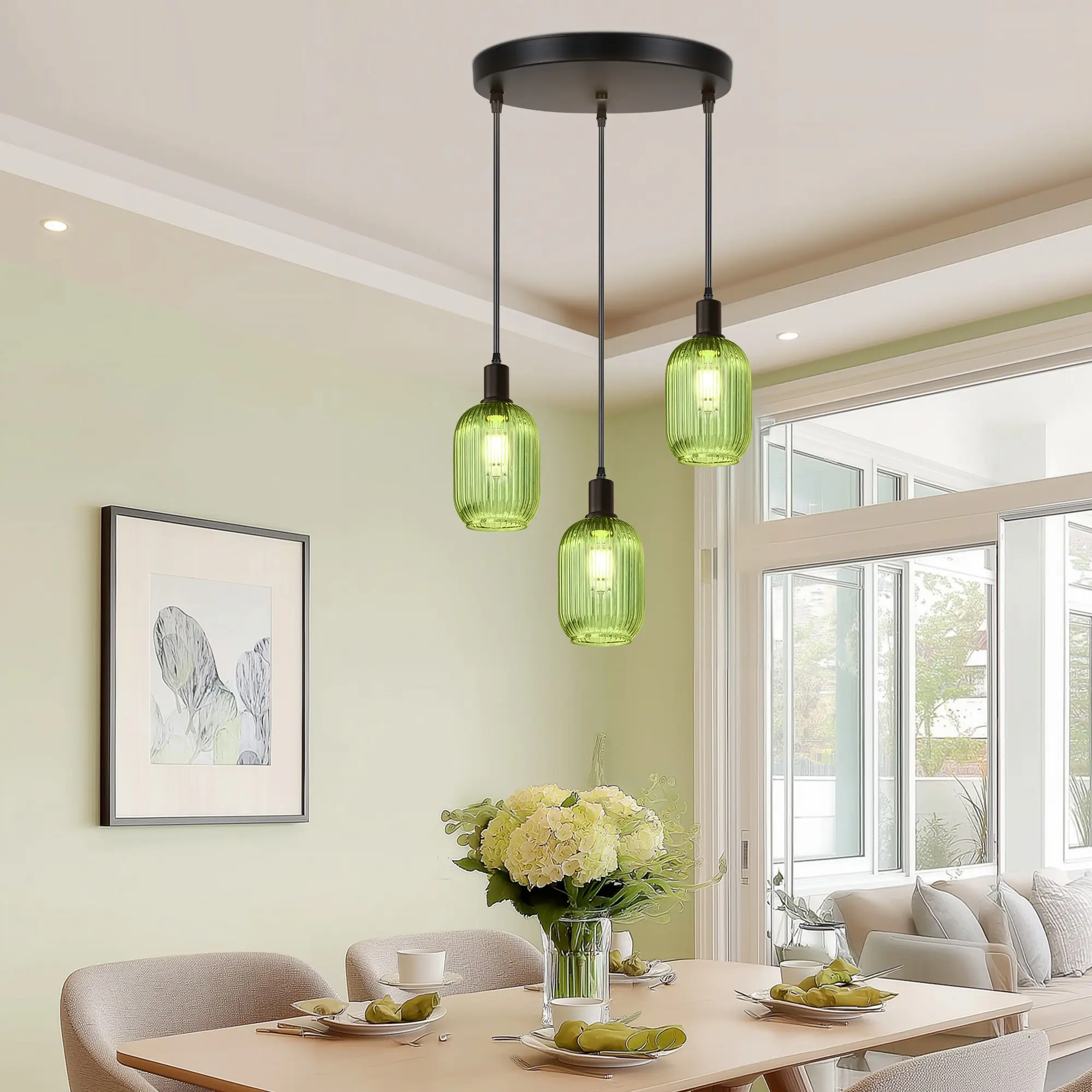 3-Light Green Glass Pendant Light, Modern Linear Cluster Hanging Ceiling Light with Ribbed Glass Shades, Adjustable Height Pendant Lighting for Kitchen Island, Dining Room, Living Room