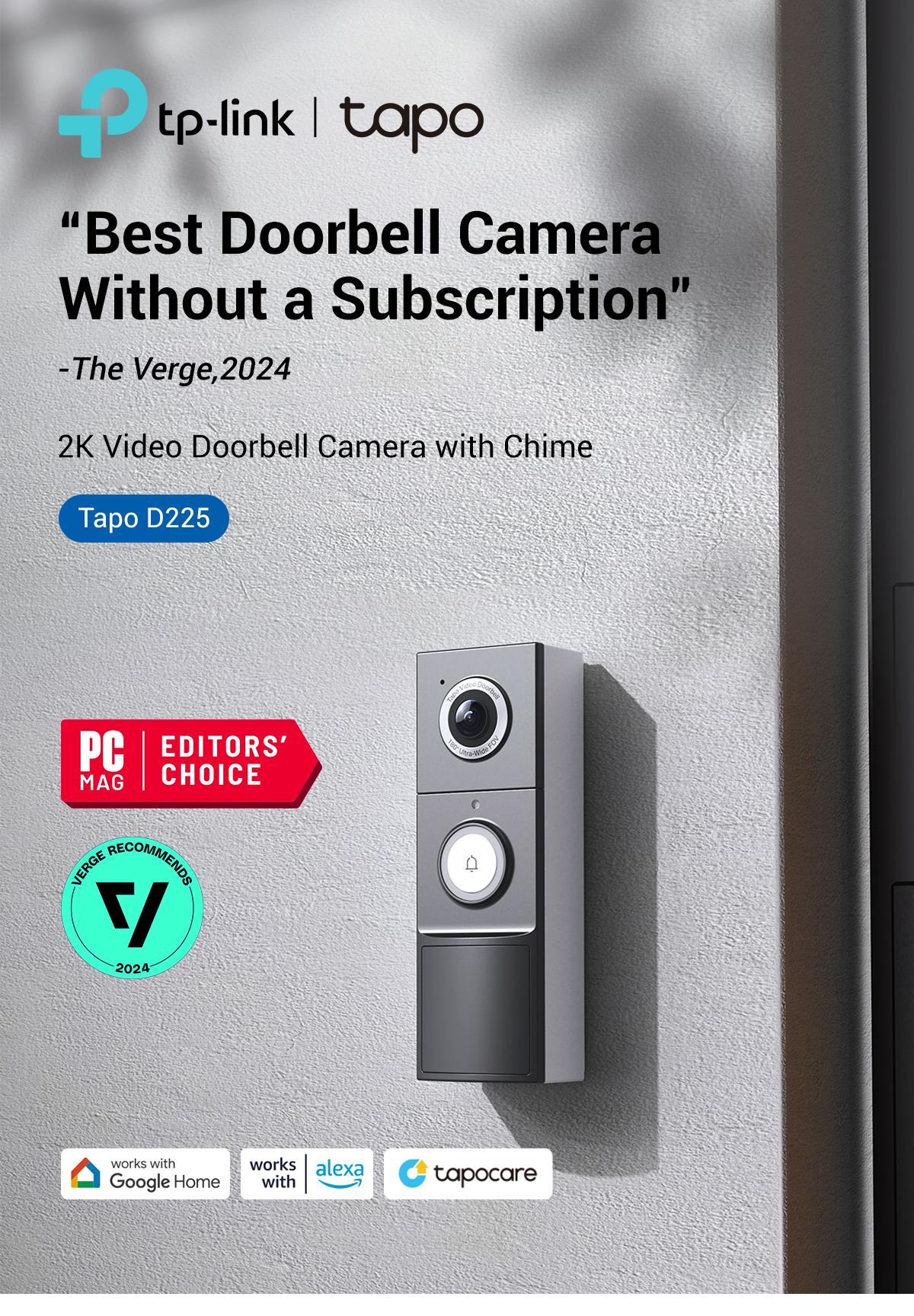 TP-Link & Tapo D225 Smart Video Doorbell Camera with Chime | 2K QHD, 180° Head-to-Toe View, Battery or Hardwired, Color Night Vision, FREE Person/Package/Vehicle AI Detection, Ring-Call, 24/7 Local Storage(No Monthly Fee) Home Security System TP-Link & Tapo D225 Smart Video Doorbell Camera with Chime | 2K QHD, 180° Head-to-Toe View, Battery or Hardwired, Color Night Vision, FREE Person/Package/Vehicle AI Detection, Ring-Call, 24/7 Local Storage(No Monthly Fee) Home Security System