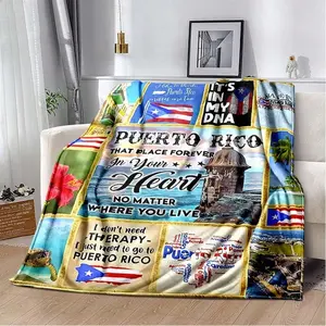 Puerto Rico-themed flannel blanket - Vibrant cultural prints with flags, symbols and Puerto Rican text - Soft and warm travel digital print, suitable for all seasons