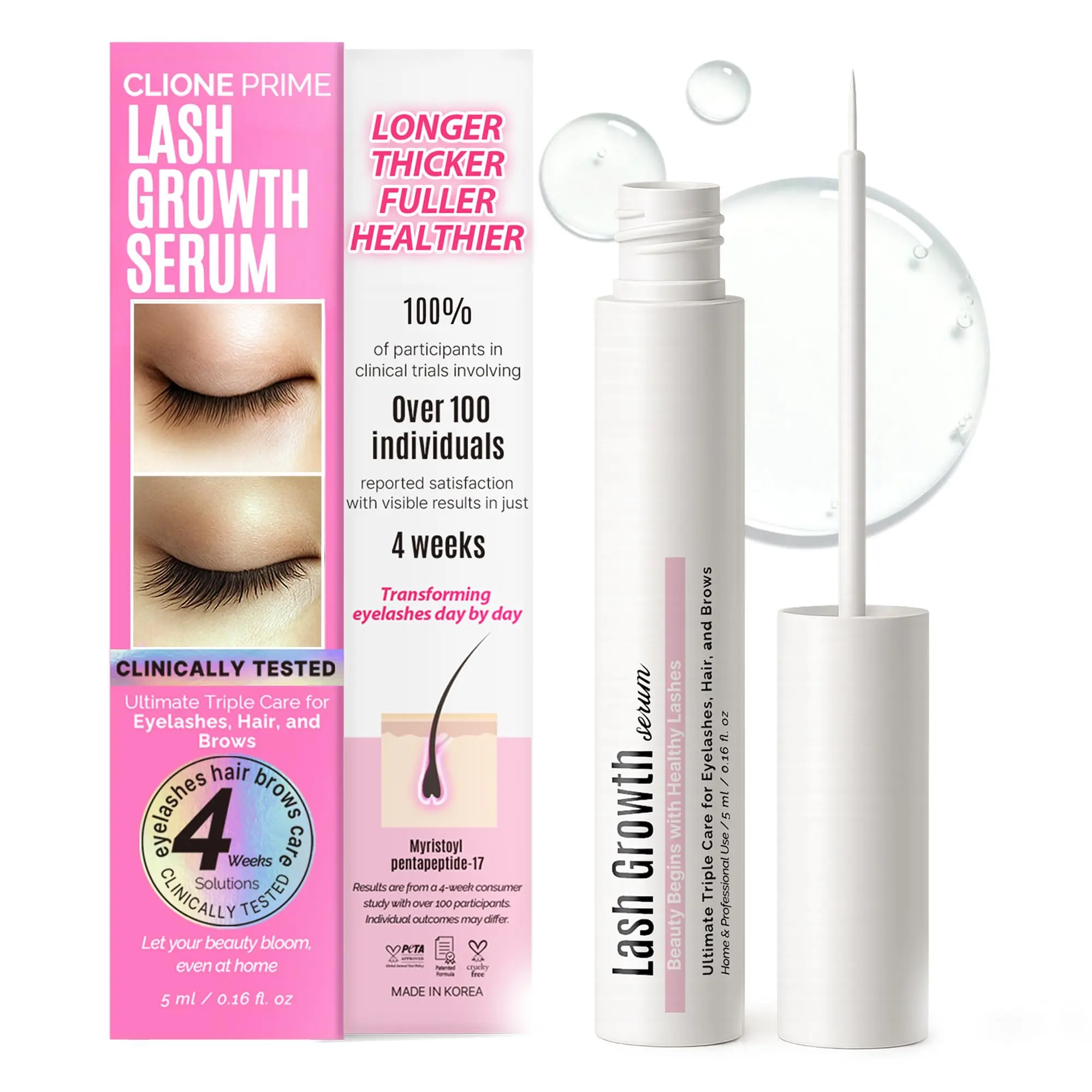 CLIONE PRIME Lash Growth Serum - Clinically Proven for Eyelash & Brow Growth - Advanced Formula, Quick Absorption, Safe & Certified for Daily Care