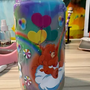 Care Bear Paint Cup 16oz - Vibrant Design with Heart Balloons & Rainbow
