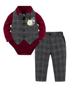Baby Boy Clothes Infant Gentleman Wedding Formal Outfit Dress Shirt+Bowtie+Vest+Corsage+Pants 6Pcs Contrasting Plaid Suit Set 0-18M
