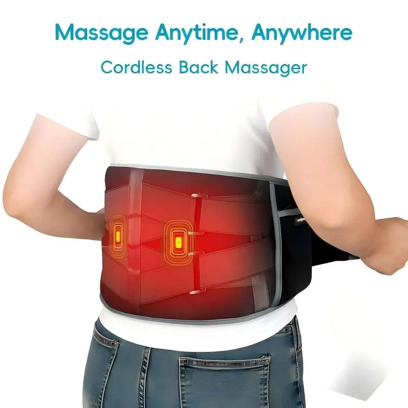 Cordless Heated Back Massager for Deep Stress Relief, Battery-Powered Waist Pad with 3 Vibration Levels and Adjustable Heating Temperature for Adults, Portable, Temperature Control