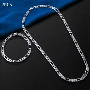 925 sterling silver plated light Weight Strong 5MM Bracelet Necklace Flat Figaro Link Jewelry Set For Men women Valentine‘s gift