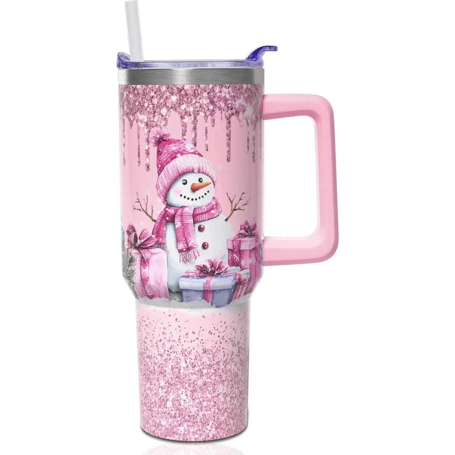 Women's 40oz Novelty Christmas Snowman Stainless Steel Double Wall Insulated Water Cup - BPA-Free Vacuum Flask, Anti-Scalding Leak-Proof Straw Tumbler with Handle & Lid, 0-6H Cold/Hot Retention, Portable Pink Reusable Mug for Gifting & Travel