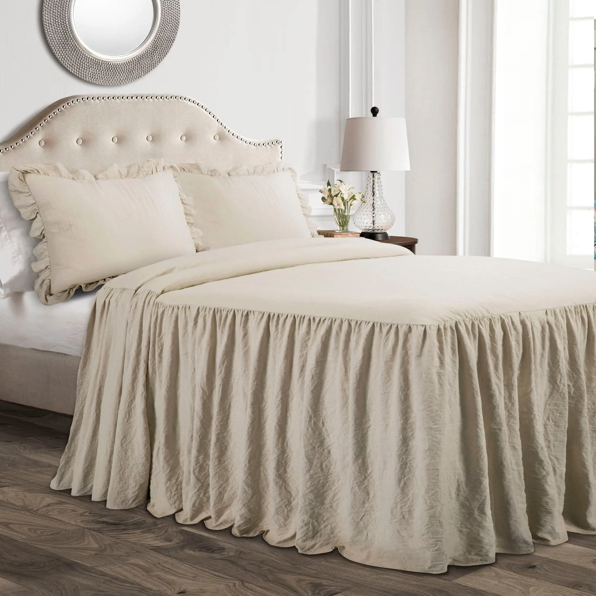 Lush Decor Ruffle Skirt Bedspread Set - Solid Color, Soft Luxurious Bedding Accessories, Lightweight, 30-in Drop, OEKO-TEX Certified, Feminine Look, Farmhouse Style, Fits California King, Ideal for Dorm Rooms & Bedrooms, Spring & Summer Use, Room Decor