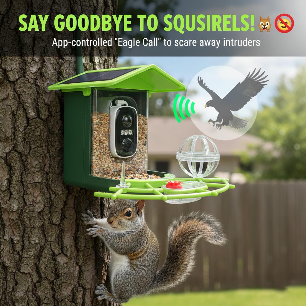 Solar Camera Smart Bird Feeder– utilizes AI recognition for automatic recording, includes a 32GB memory card, supports 2K HD live video, sends instant alerts to your phone, and features smart alarms to deter squirrels and hawks.