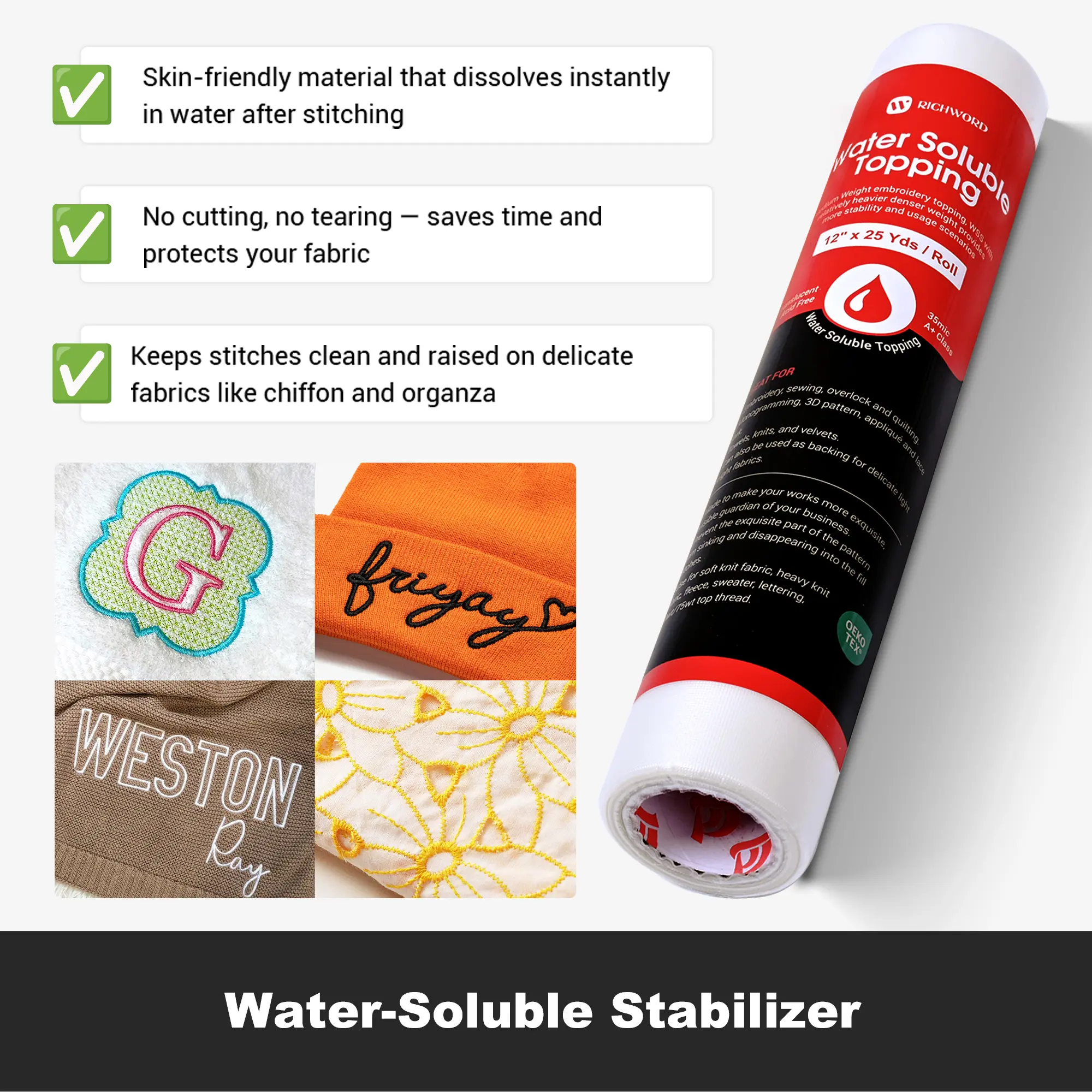 BAI Water Soluble Embroidery Topping Film Roll, 12 in x 25 yd, 35 mic Lightweight Wash Away Stabilizer for Machine & Hand Embroidery