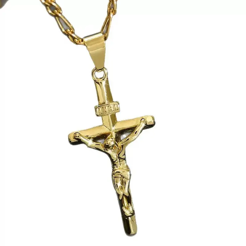Classic Gold Tone Crucifix Pendant Necklace Elegant Religious Jewelry Gift for Faithful Individuals Jesus Christ Symbol of Faith and Devotion