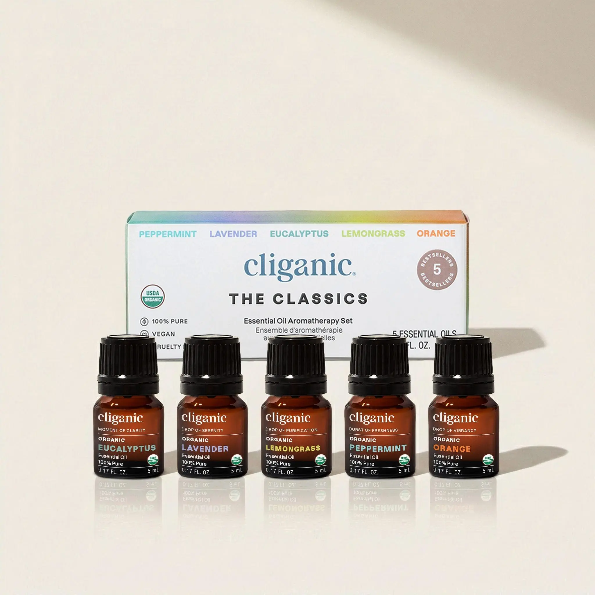 Cliganic Organic Essential Oils Set - 100% Pure Natural - Aromatherapy & Candle Making - Peppermint, Lavender, Eucalyptus, Lemongrass, Orange - Classic Gift Set for Wellness & Healthcare - Healthy, Fitness