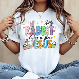 Silly Rabbit Easter Is For Jesus Print T Shirt White Casual Round Neck Short Sleeve Tee For Women Spring Holiday Outfit
