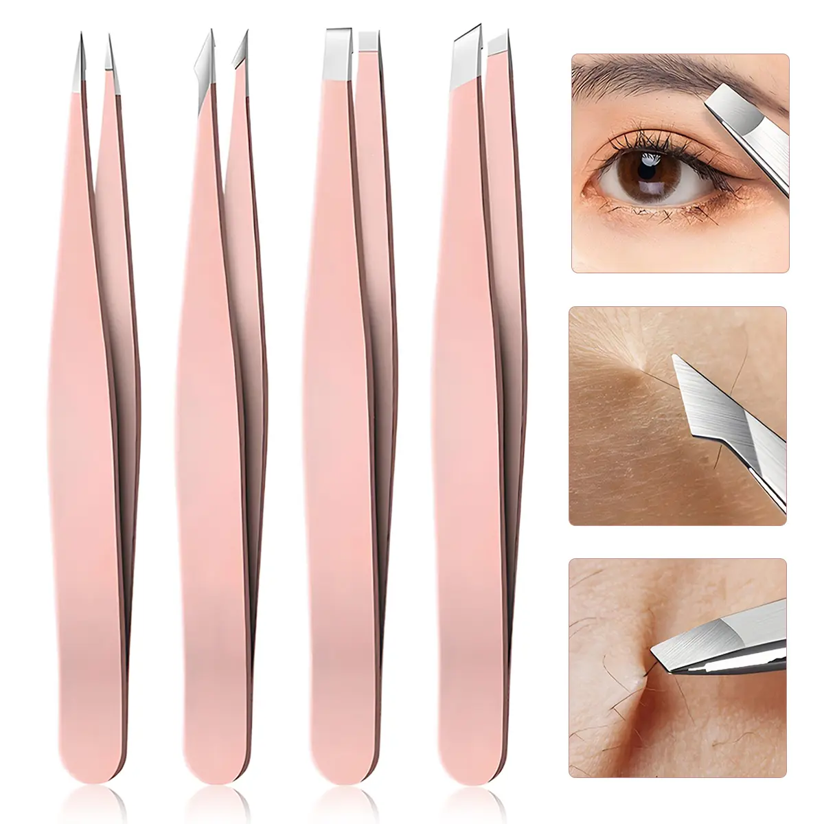 Stainless Steel Eyebrow Tweezers Set, 4 Counts/set Precision Slant Tip Angle Tip Pointed Tip Tweezers for Eyebrow Hair Facial Hair Removal, Makeup Tools, Eyebrow Styling Kit #backtoschool