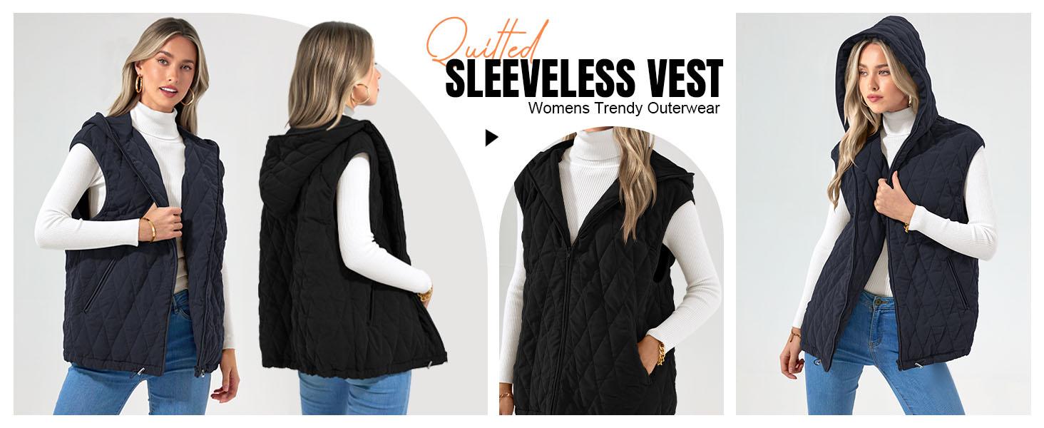 PrettyGarden Women's Quilted Vest Casual Sleeveless Hooded Zip Up Diamond pattern Jacket With Pockets Winter Coat Outerwear Minimalist Top