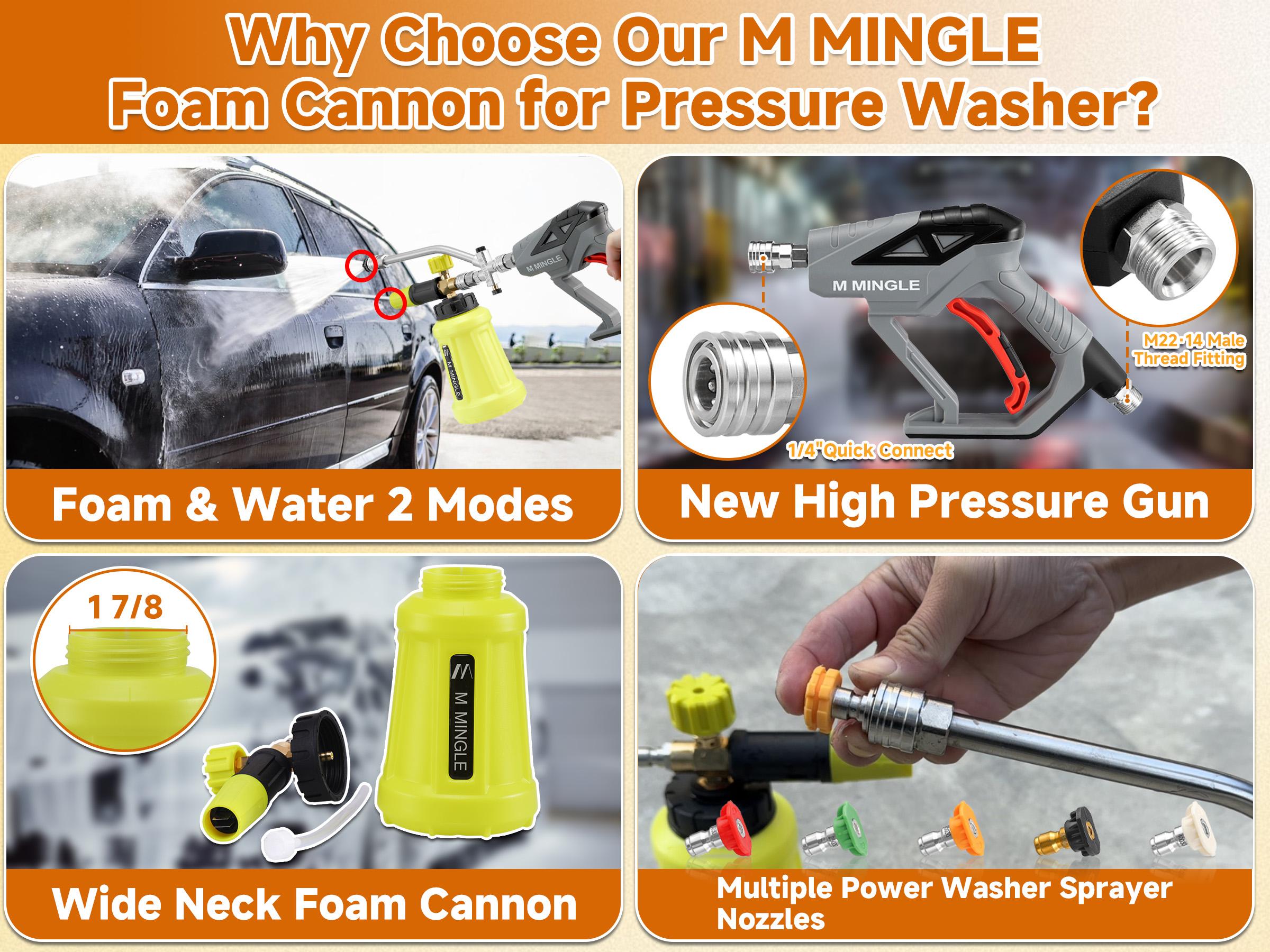 M MINGLE High Pressure Washer Wand with Foam Cannon, Foam Cannon Dual Connector Accessory, Car Wash Foam Wand Kit 1/4 Inch Quick Connector, 5 Pressure Washer Nozzle Tips
