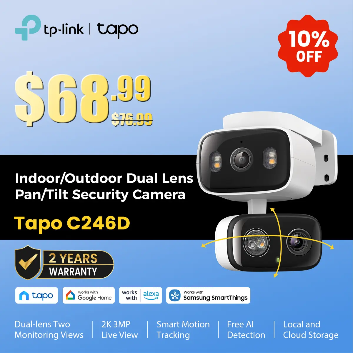 TP-Link & Tapo C246D HybridCam Duo 2K Dual Lens Pan/Tilt Indoor/Outdoor Security Camera with Wide Angle & Telephoto Lenses, Local & Cloud Storage, 360° Patrol, Custom Privacy Zones, Two-Way Audio, IP65 Weather Resistant  #SummerWins #DealsForYouDays