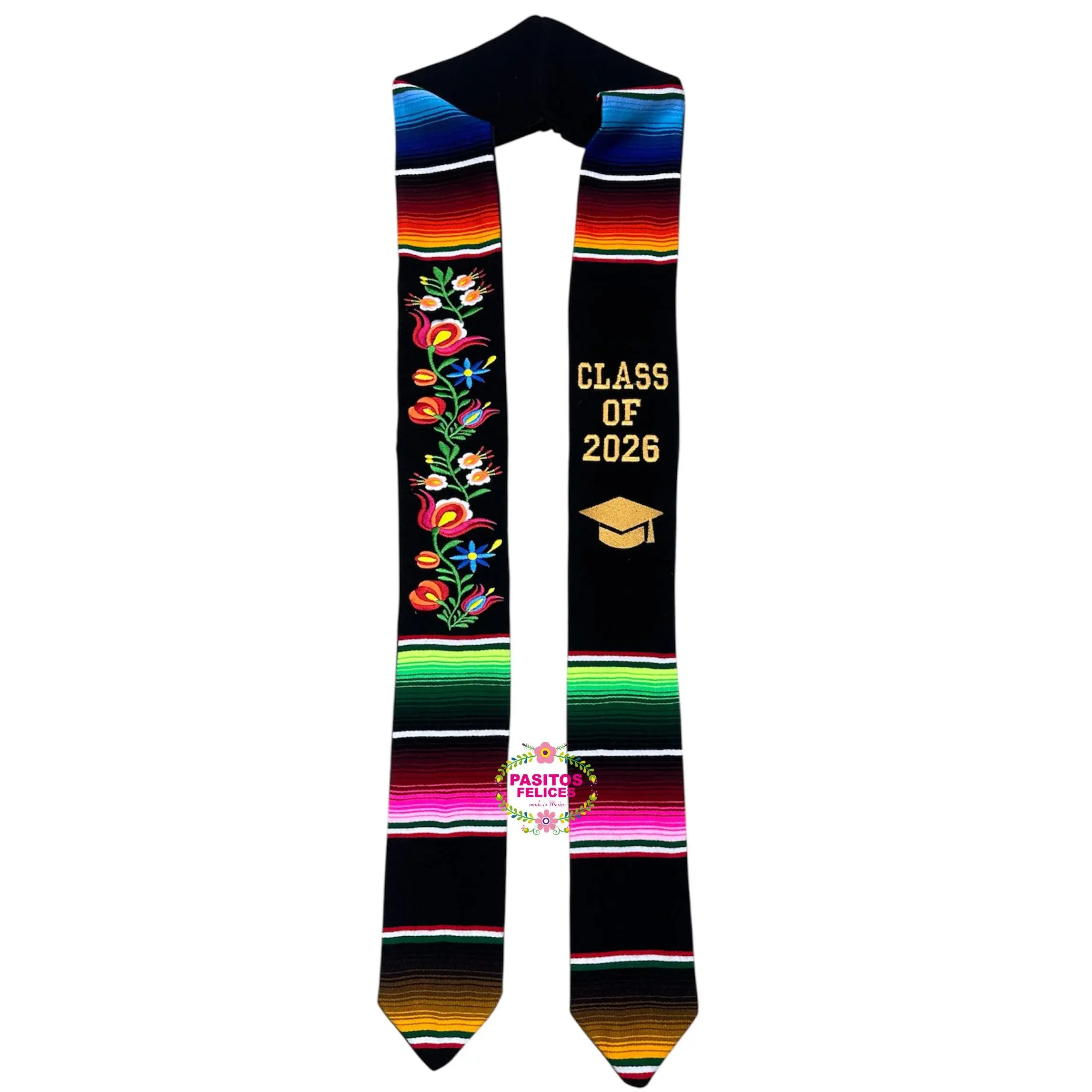 Vneck *2026* Black Floral Tulipán Graduation Stole Sarape Sash IN STOCK