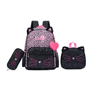 Purple and Black Cat Backpack for Girls, 3-in-1 School Bag Set with Insulated Lunch Box & Pencil Case, Machine Washable Heavy Duty Kitten Bookbag, Ergonomic Aesthetic Daypack for Elementary Middle School toddler gift adjustable strap preschool