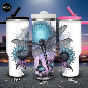 1 pc 40 oz Mystical Dragonfly and Mushroom Tumbler with lid and straw, winter insulated travel mug, gift for women and men, ideal for Valentine’s Day, Easter, birthday gifts, iced/hot coffee cup