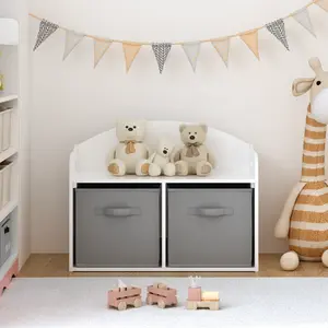 Kids Wooden Toy Storage Box & Bench - Viral 2-in-1 Organizer with Fabric Drawers - White Finish