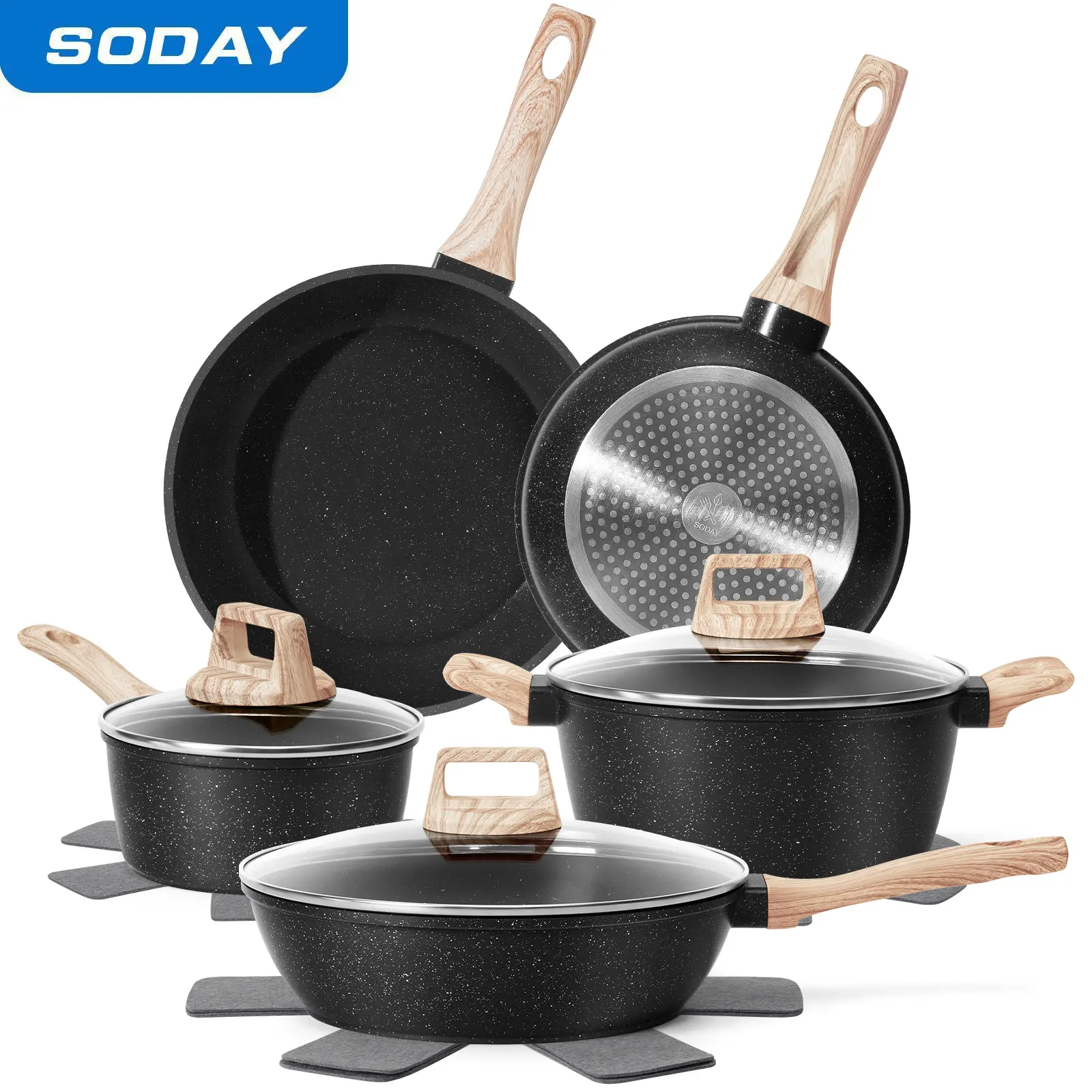 SODAY 12-Piece Non-Stick Cookware Set with Lid, Aluminium Core, Granite Coating, Induction Compatible, Easy Cleaning, Safe & Healthy Cooking,backtoschool, glowup