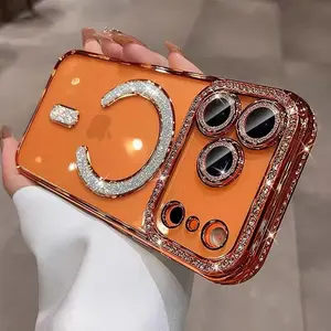 [Free!!Ship!] Mag Safe Luxury Glitter Bling Diamond Case for iPhone 17 Pro Max 16 Plus 15 14 13 Sparkle Camera Lens Protection Shockproof TPU Clear Phone Cover