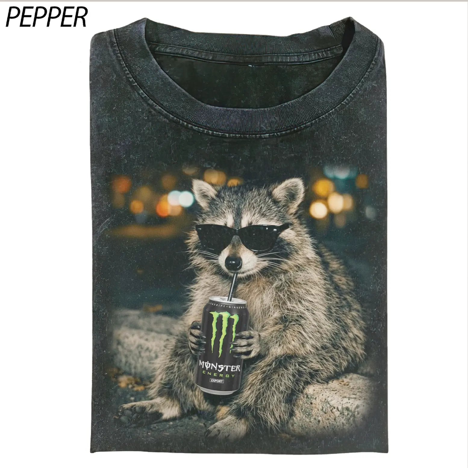 Cool Raccoon Monster Energy Drink T-Shirt, Funny Raccoon Graphic Tee, Streetwear Animal Meme Shirt, Unisex Vintage Washed T-Shirt