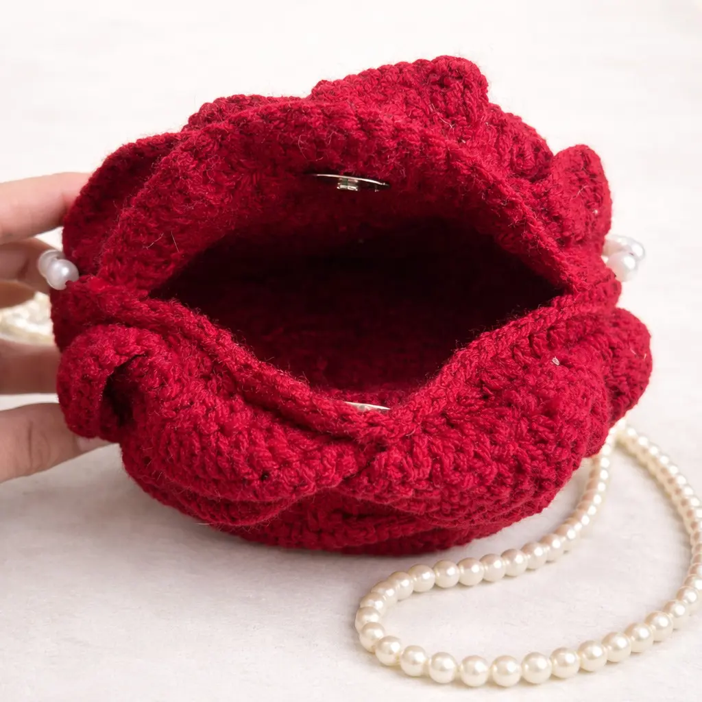 Handmade Crochet Rose Bag with Pearl Strap Deep Red Floral Wrist Purse Romantic Mini Handbag Elbow Carry Purse for Romantic Outfits Weddings Dates Parties Gifts for Her Vintage Cottagecore Styles
