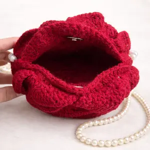 Handmade Crochet Rose Bag with Pearl Strap Deep Red Floral Wrist Purse Romantic Mini Handbag Elbow Carry Purse for Romantic Outfits Weddings Dates Parties Gifts for Her Vintage Cottagecore Styles