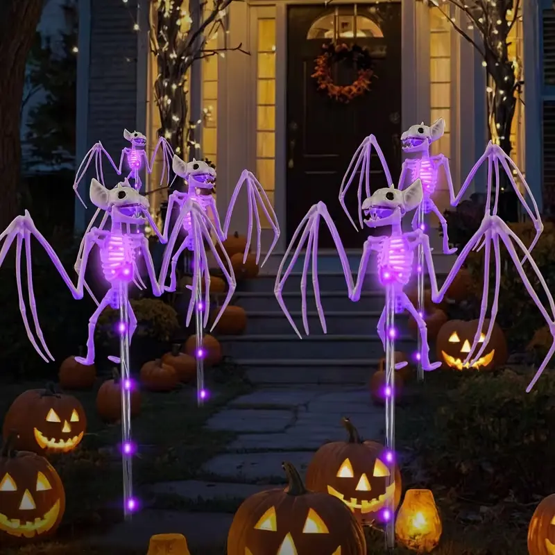 Halloween Decor Outdoor Solar Garden Lights, 4pcs Set 3D Scary Bat Realistic Skeleton Decorations, Solar-Powered Spooky Bat Street Lights For, Cemetery, Courtyard, Home, Halloween Party Indoor, Outdoor Decorations Purple