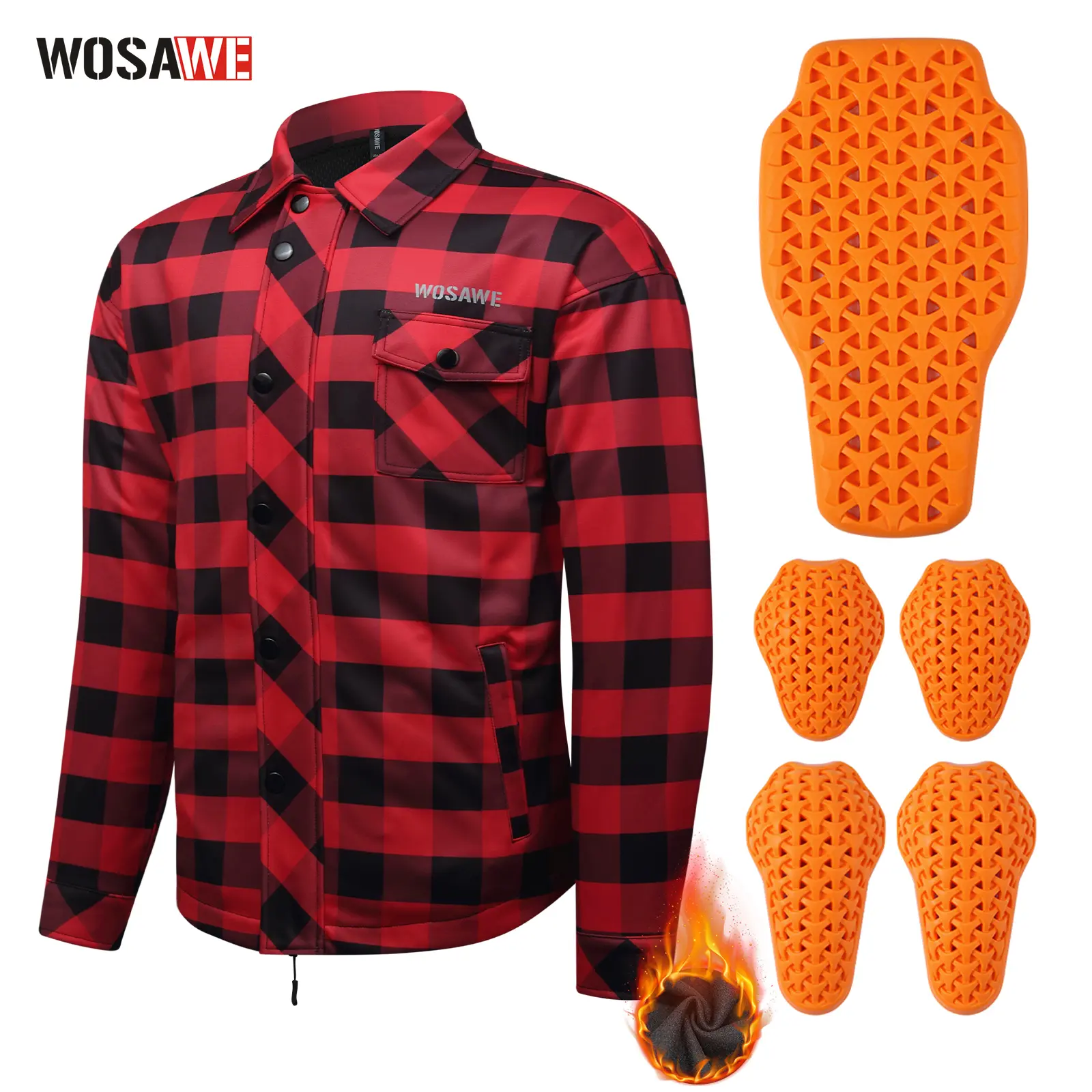 WOSAWE Men's Stylish Plaid Flannel Biker Shirt - Fleece Wind-Resistant Riding Wear with Removable Pads, Zipper, Mesh, Pockets, Long Sleeve Thermal Snap Buttons Biker Look Motorcycle Protective Jacket