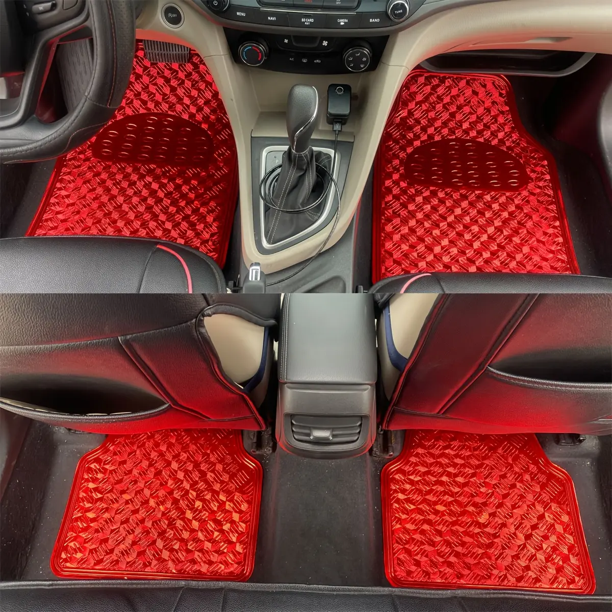 4PC PVC Car Mat Set, Anti-Slip 5D Waterproof Dustproof Easy-Clean Floor Mats for SUVs & Trucks, All-Season Automotive Interior Accessories (Red)
