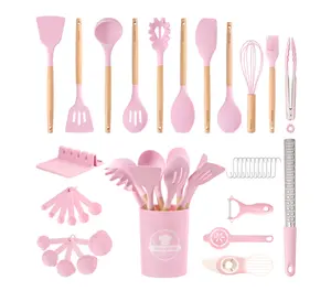 Astercook Silicone Cooking Utensils Set, 38 PCS Kitchen Utensils Set for 446°F Heat Resistant, Food Grade Utensil Sets with Wooden Handle, Kitchen Gadgets for Nonstick Cookware BPA Free
