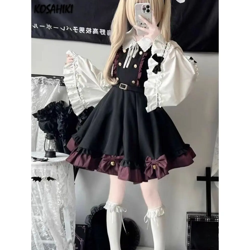 Japanese Kawaii Two Pieces Set Women Outfits Ruffled Patchwork Cute Bow Dress + Flare Sleeve Lolita Blouse Aesthetic JK Suit