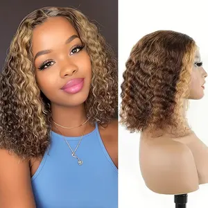 Highlight Glueless Bob Wig Human Hair Pre Plucked Pre Cut, P4/27 Ombre Honey Blonde Curly Human Hair Wig Glueless Wear and Go for Black Women 13x4 HD Lace Closure Wig (14 Inch)